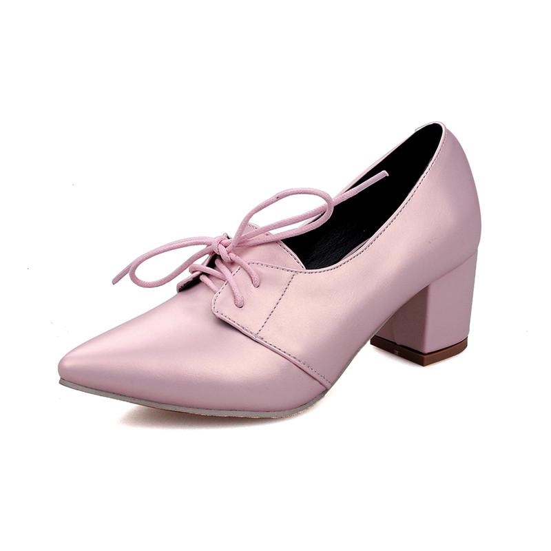 Fashion 2025 HOT Women Shoes Pointed Toe Pumps Leather Lace-up Female Square High Heels Zapatos Mujer Plus Size 31-45 Black White Pink