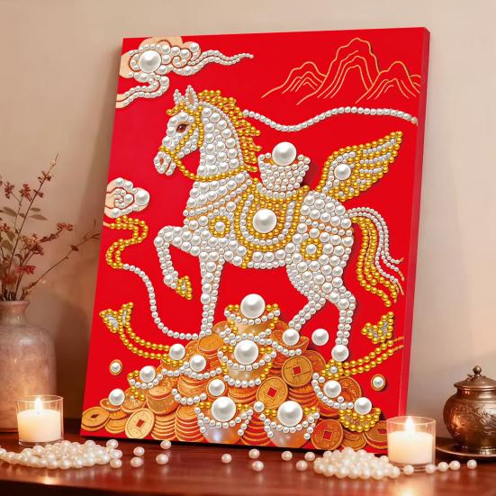 Faux Pearl Painting Kit Horse Pattern DIY 3D Beaded Art Craft with Glossy Faux