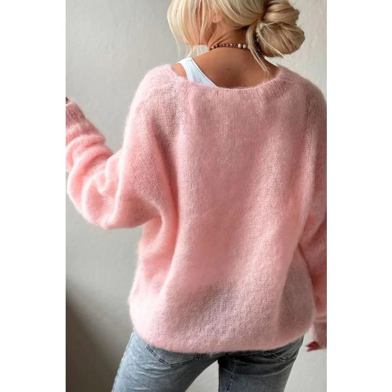 V-neck Long Sleeved Pullover Casual Sweater Women Autumn Winter Knitted Jumper Fashion Solid Color Loose Thin Clothes