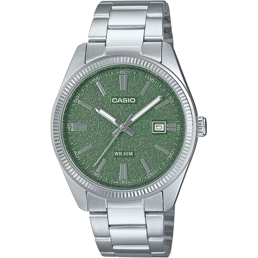 Casio MTP-1302DA-3AV Analog Quartz Men s Watch Silver Metal Band Green Textured Dial