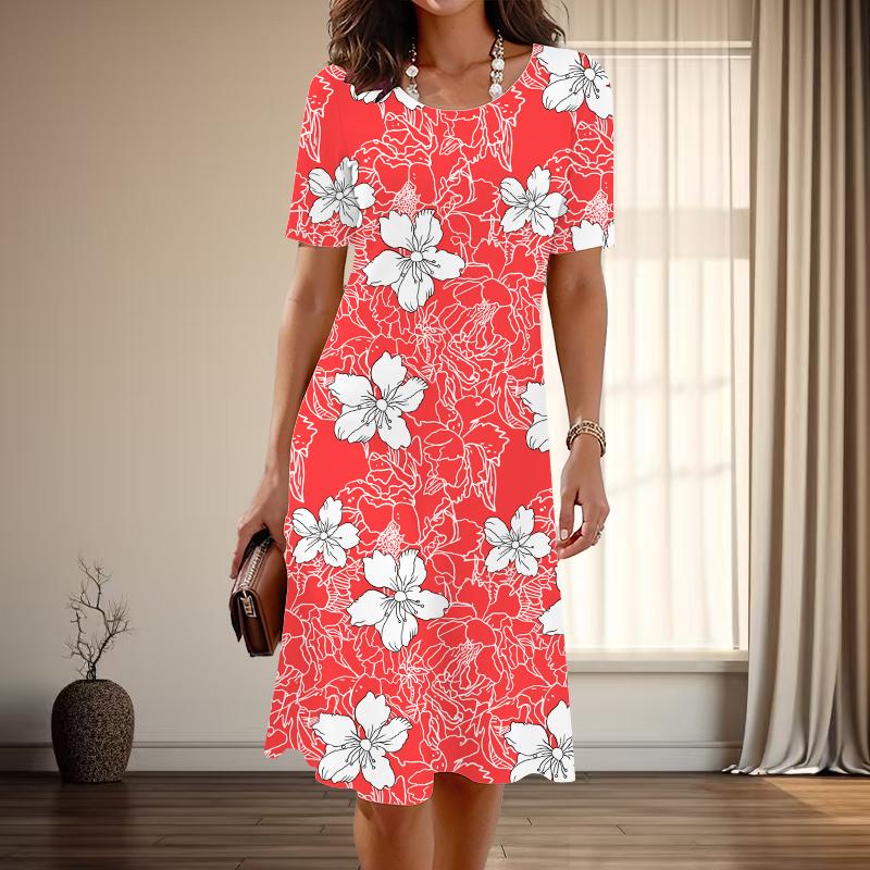 Women's Fashion Graceful Flower Print Summer Spring Short Sleeve O-Neck Casual Dresses