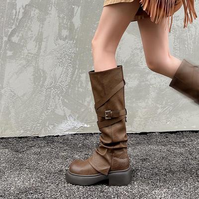 Stivali alti da cowboy western vintage da donna marroni con suole spesse per Autunno/Inverno 2024