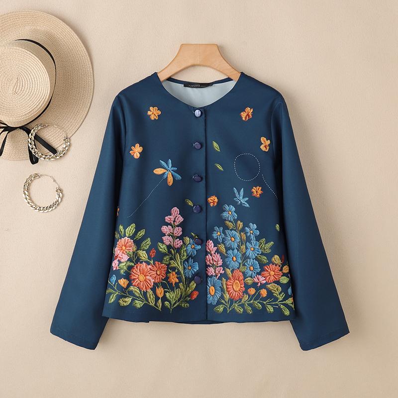 

ZANZEA Женская блузка с круглым вырезом, длинным рукавом, свободного кроя, с цветочным принтом 5XL тёмно-синий