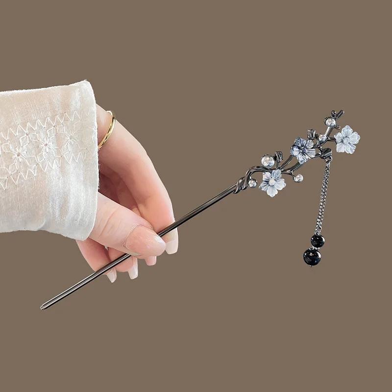 Moderner Haarstab Tinte Blume Metall Quaste Haarnadel Gabeln für Frauen Schwarze Perlen Fransen Haarspange Neu Chinesisch Hanfu Haarschmuck