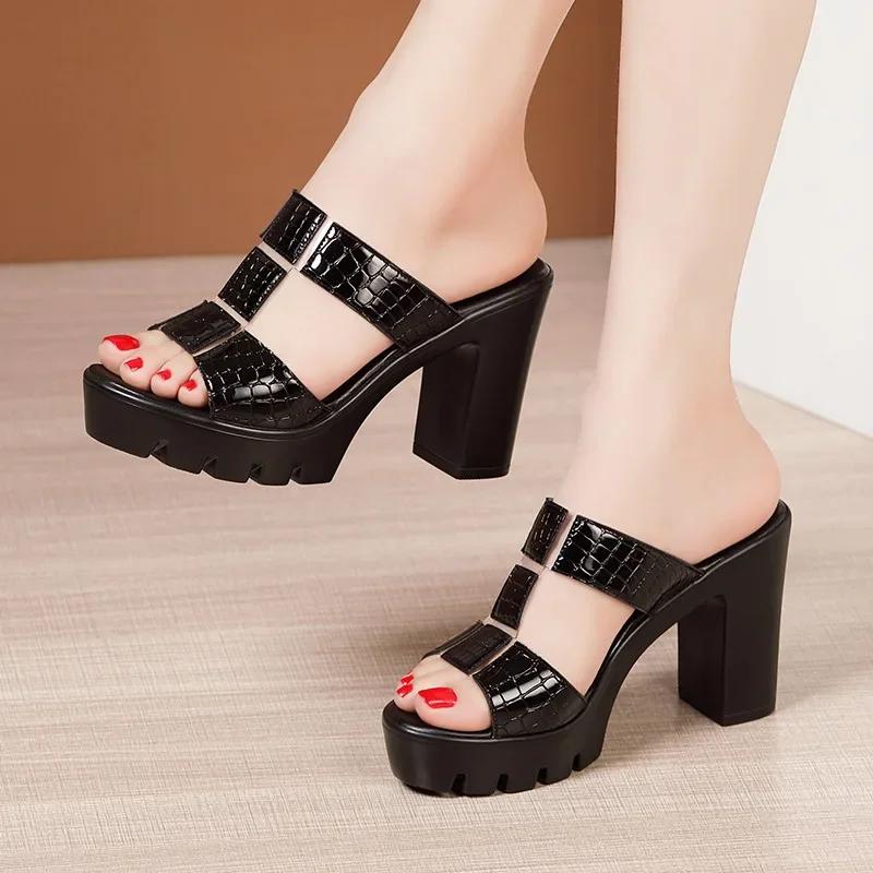 10cm Small Size 32-43 Elegant Patent Leather Shoes Summer Slippers 2026 Block High Heels Slides Women for Office Model Mom
