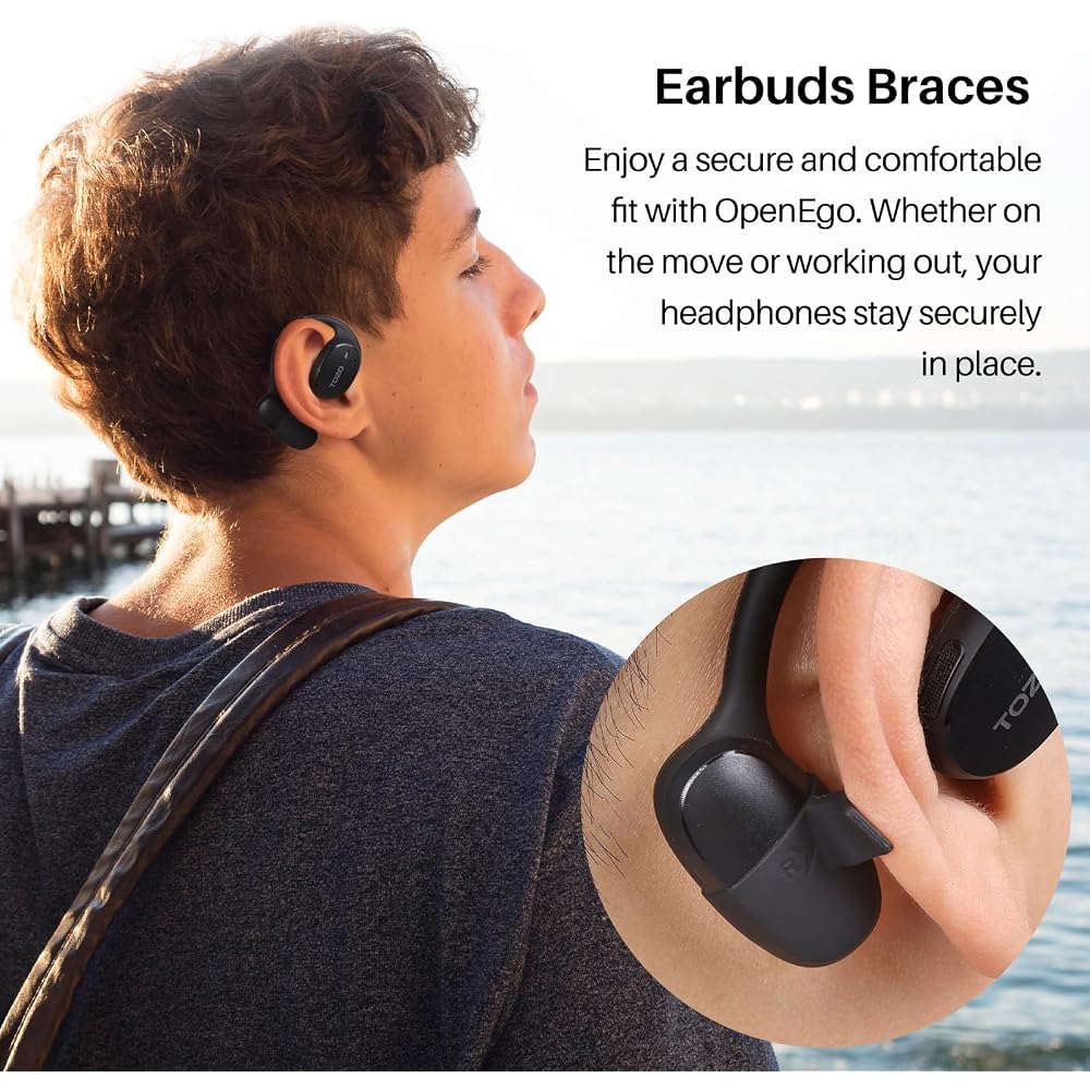 TOZO OpenEgo Wireless Earphones, Bluetooth 5.3, Open-Ear Design, Superior Fit, Doesn't Block Ears, LED Display, AI Noise Reduction During Calls, Appro
