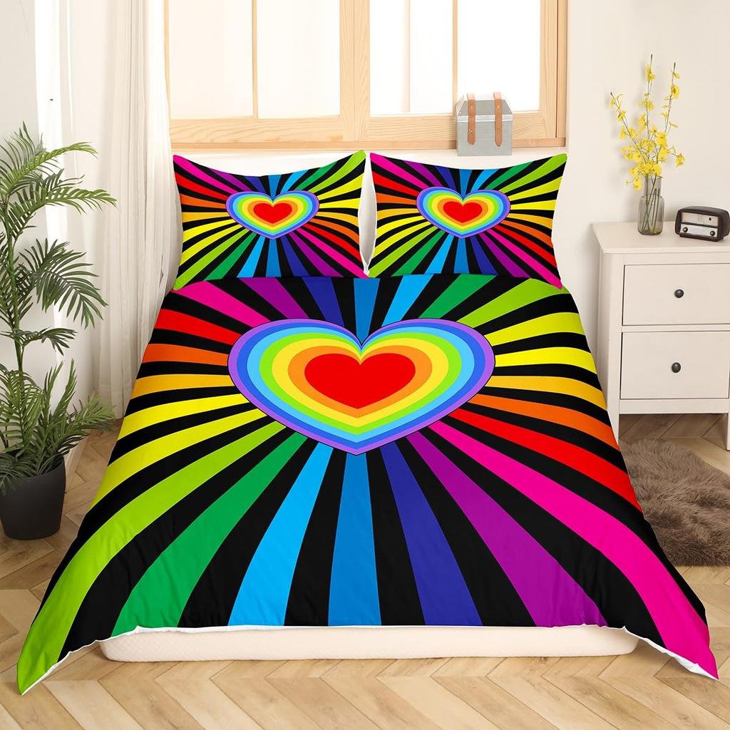 Colorful Rainbow Heart Duvet Cover Sets For Kids Boys Girls Queen Lightweight Quilt Covers Love Heart Bedding Sets Bedroom Decor