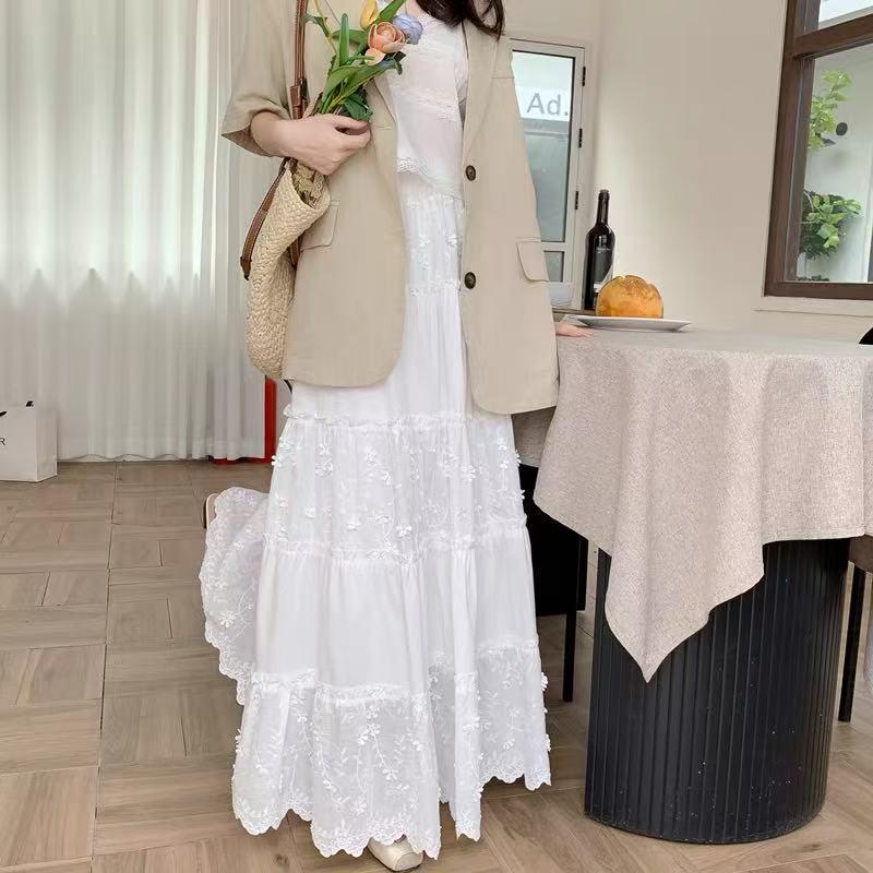 White Floral Embroidery A-Line Midi Skirt with High Waist