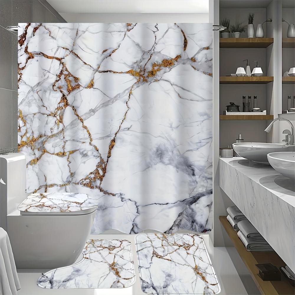 4-teiliges Badezimmer-Duschvorhang-Set Marmor Badezimmer-Vorhang mit 12 Haken Rutschfeste Teppiche Toilettendeckelmatte Badezimmer-Trennwand