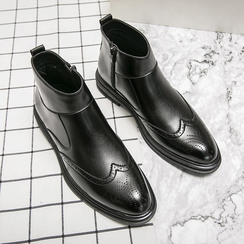 Mode Herrenstiefel PU High Cut Einfarbig Seitlicher Reißverschluss Blockgeschnitzt Klassisch Bequem Business Formelle Schuhe