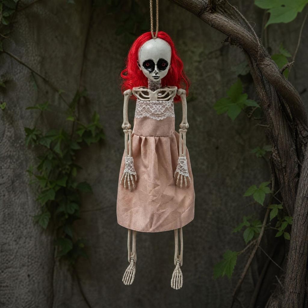 Hanging Red Hair Skeleton Girl Halloween Decoration for Party House