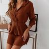 Lady Dress Solid Color Turn-down Collar Cardigan Single-breasted Mini Dress for Daily Wear
