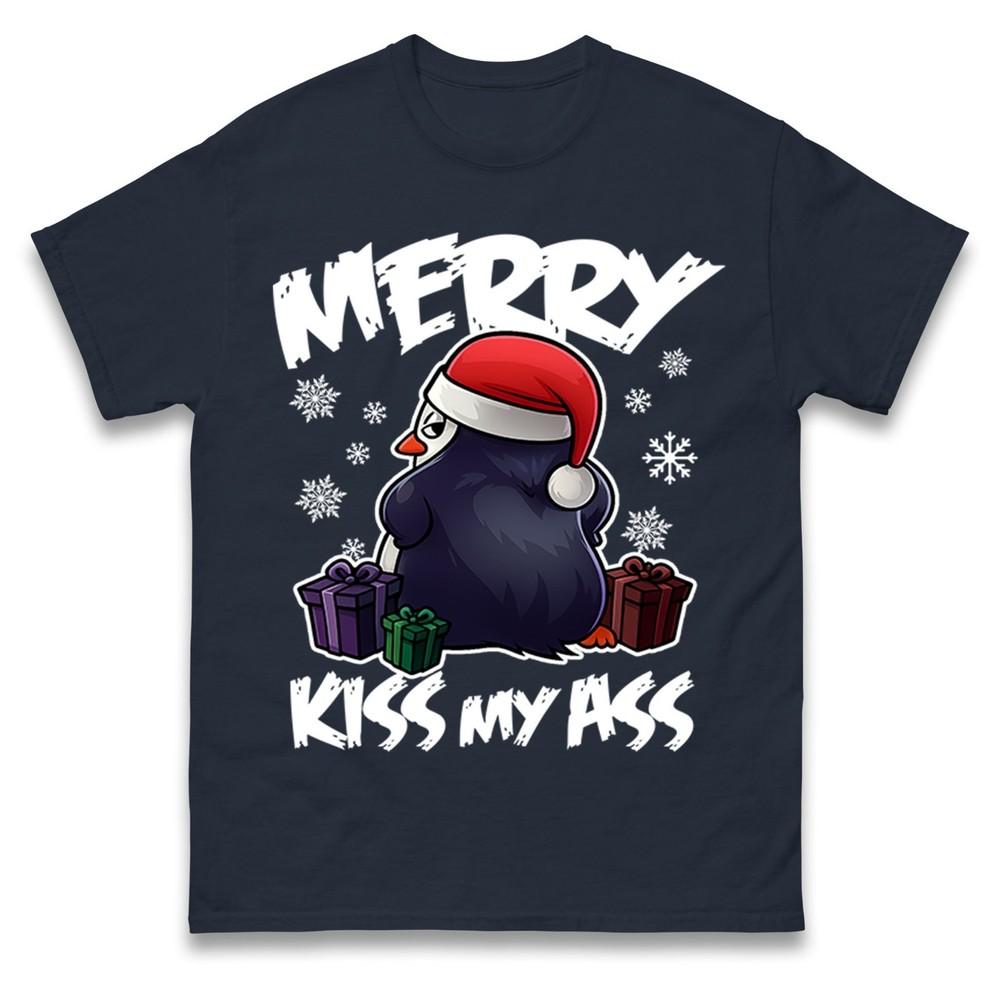 Merry Kiss My A Funny Penguin Christmas T Shirt Rude Xmas Adults Tee Shirt