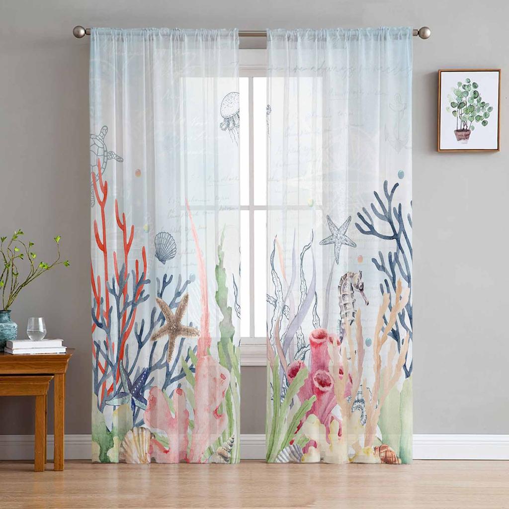 Summer Ocean Coral Shell Starfish Sheer Curtains for Living Room Decoration Window Curtains Kitchen Tulle Voile Organza Curtains