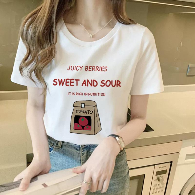 Front Shoulder Print Slim Korean T-shirt Short-sleeved Women's Chic Summer New Sweet and Spicy Slim Top Pure Cotton Women