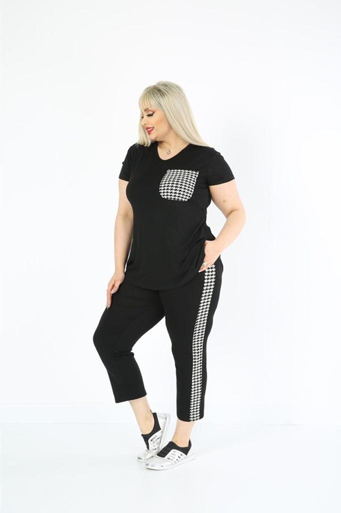 Damenmode Übergröße Trainingsanzug Set Plus Size Schwarz Hahnentritt Detailliertes Sommer Capri Set