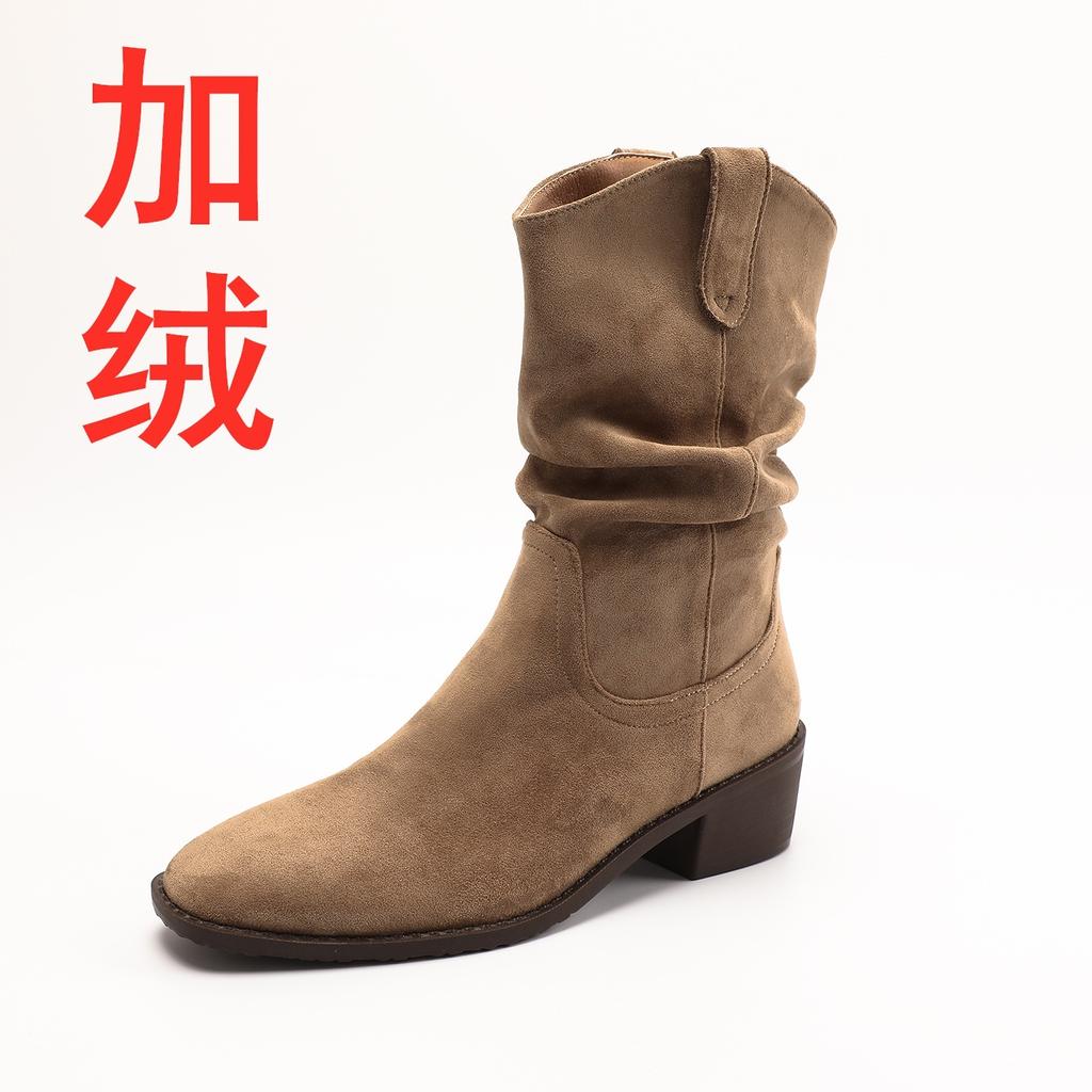 Wersja ze skóry owczej! Wewnętrzne podwyższenie krótkie botki damskie głowa zachodnie plisowane nakładane botki retro małe średnie cholewka jeździeckie botki moda