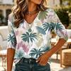 Damen Lässiges Hawaiian-Print-Hemd mit V-Ausschnitt, 3/4-Ärmel, Leichte Sommerbluse, Locker geschnittenes Oberteil für den Alltag