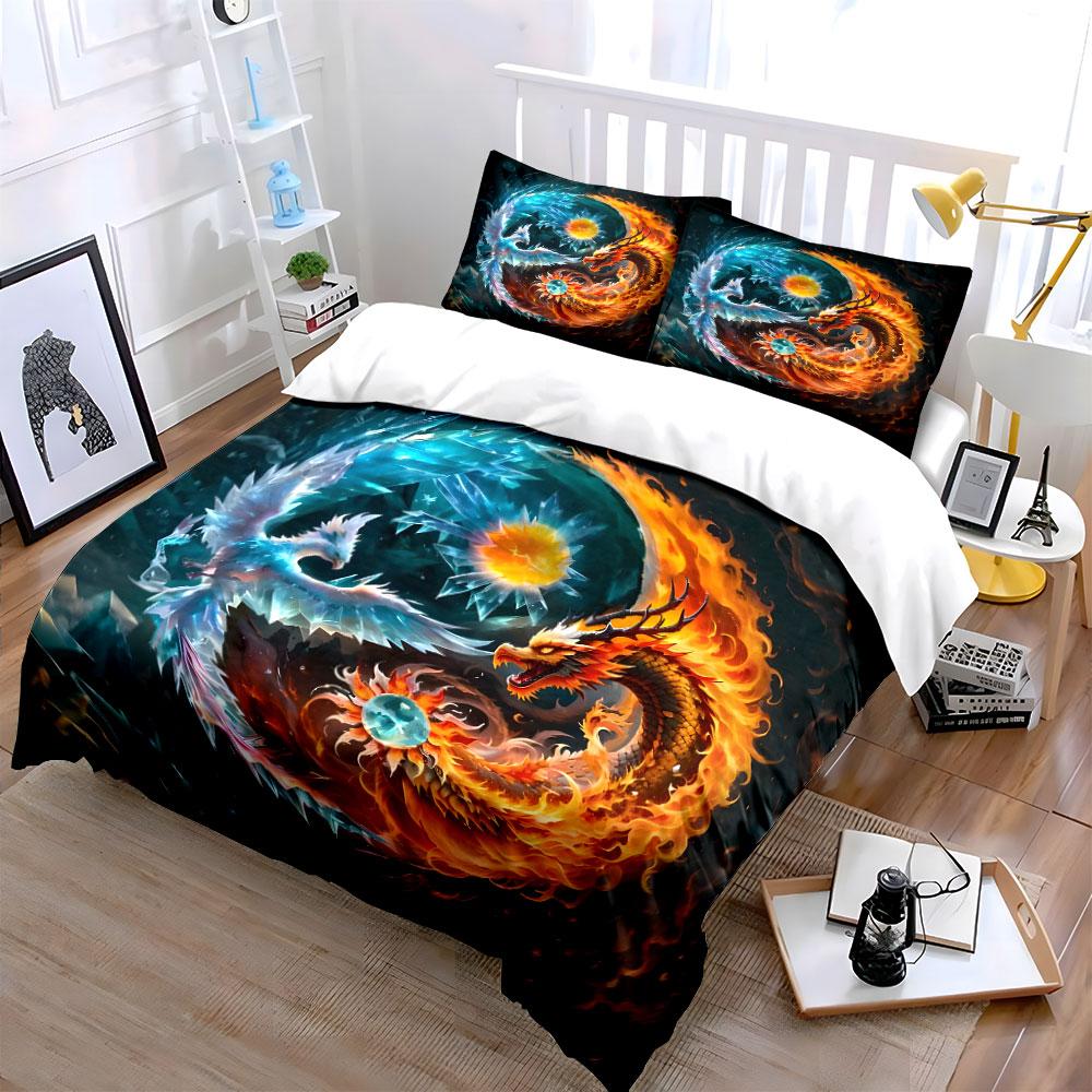 Fire And Ice Dragon Design Set Bedding Set With 1 Duvet Cover 2 Pillowcases Single Double King Queen, Gift