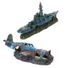 ST TS Aquarium Fish Tank Object Fighter Plane Submarine Battleship Hideout Aquarium Ornament Decor Figurine (Fighter Plane & Battleship)