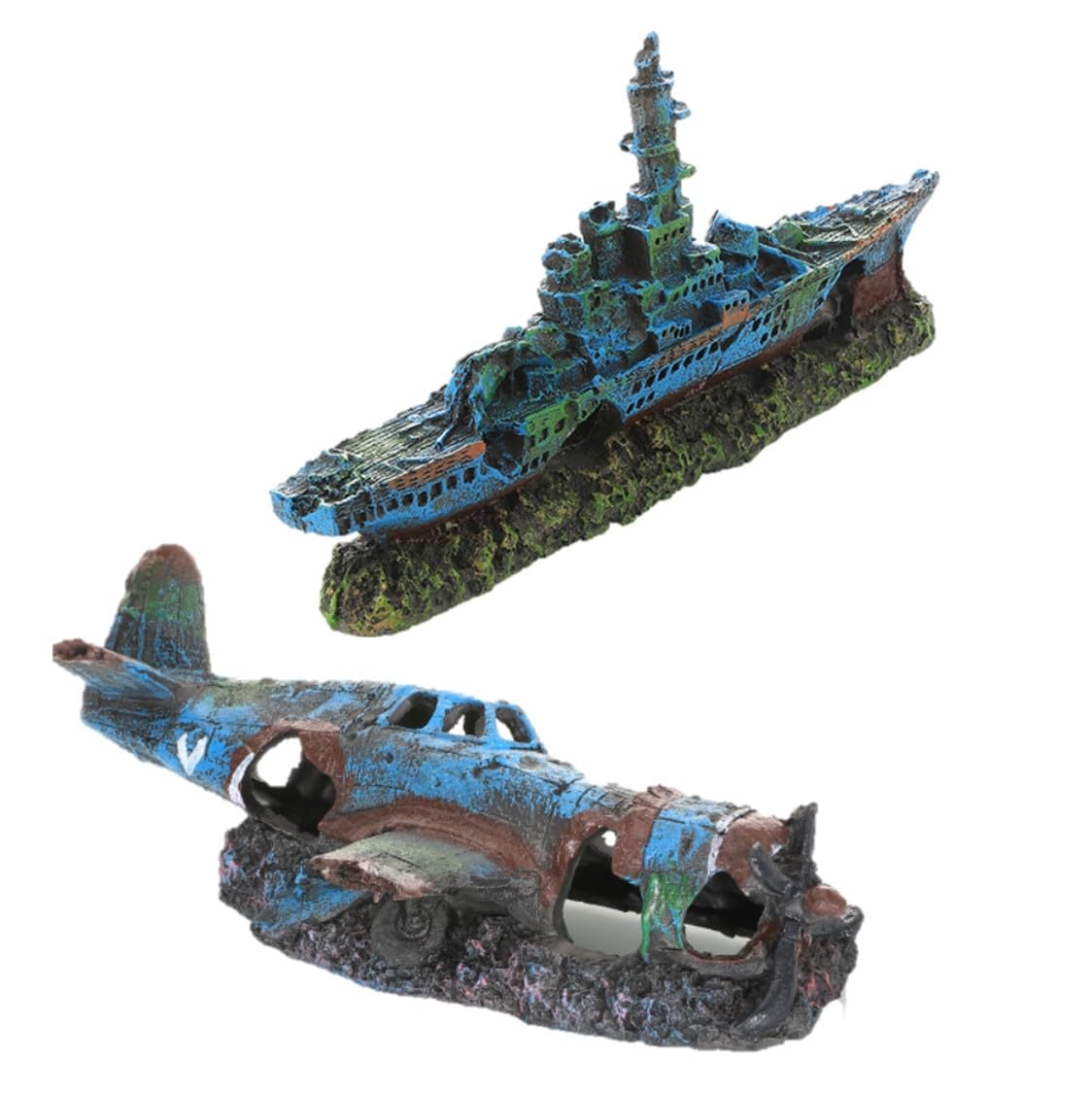 

ST TS Aquarium Fish Tank Object Fighter Plane Submarine Battleship Hideout Aquarium Ornament Decor Figurine (Fighter Plane & Battleship)