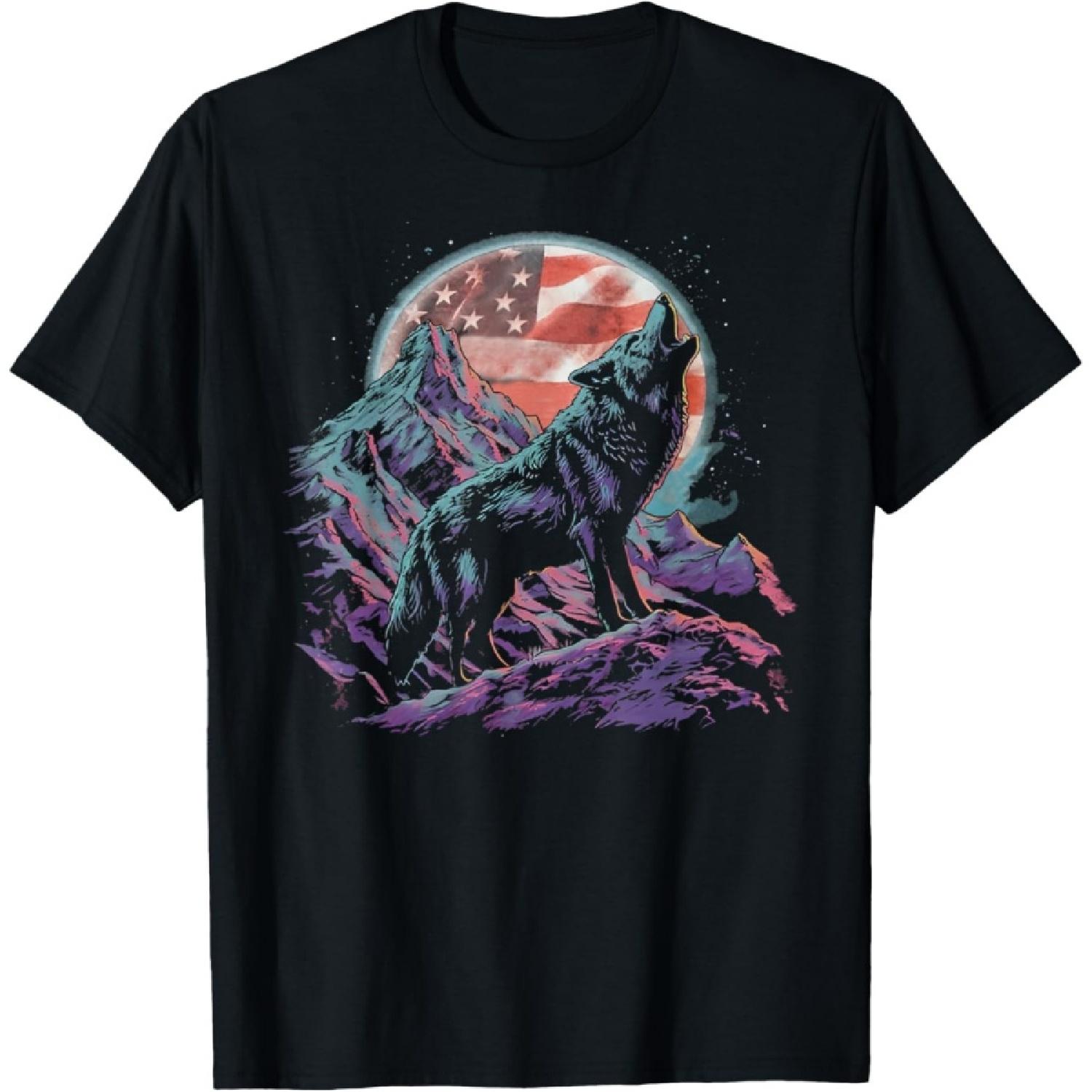Wolves 4th of July American Flag Howling Wolf Under USA Moon T-Shirt S