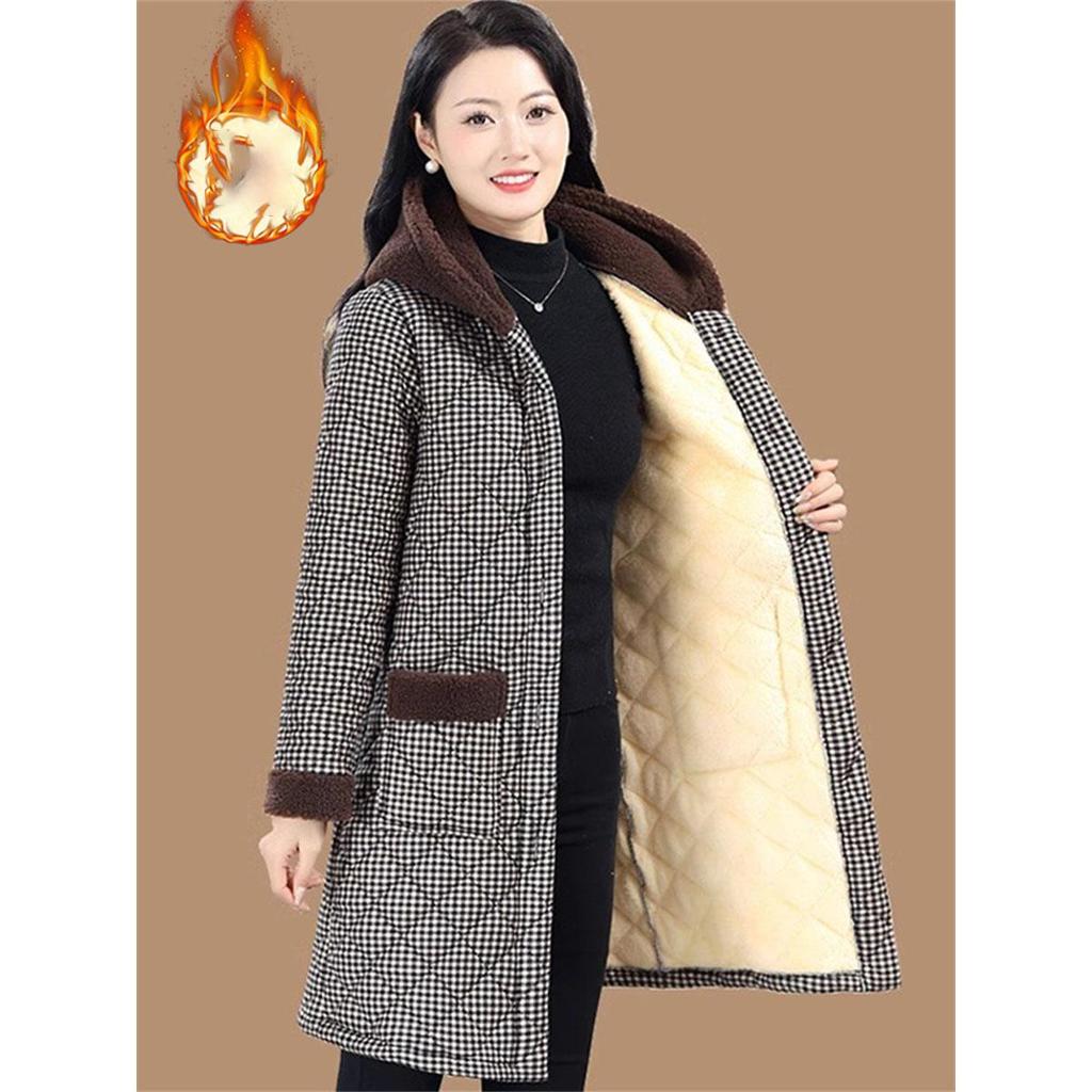 Winter Coat Vintage Velvet And Thickening Single Breasted Cotton Coat for Women Fit Cotton Clip Warm Long Parka Plaid Coat