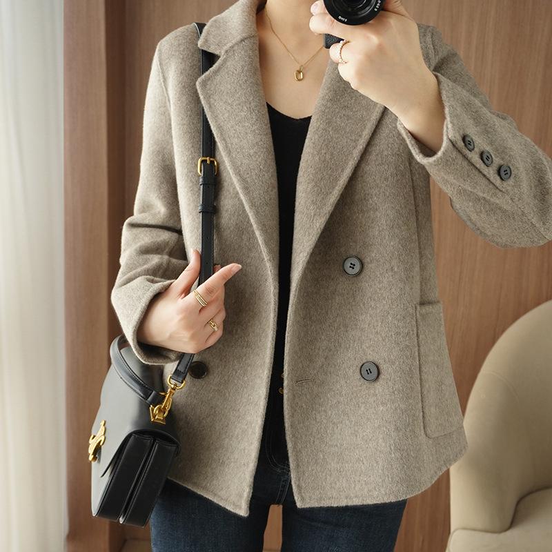 Women's Petite Double-Breasted Wool Cashmere Coat - Autumn/Winter Suit Collar Overcoat