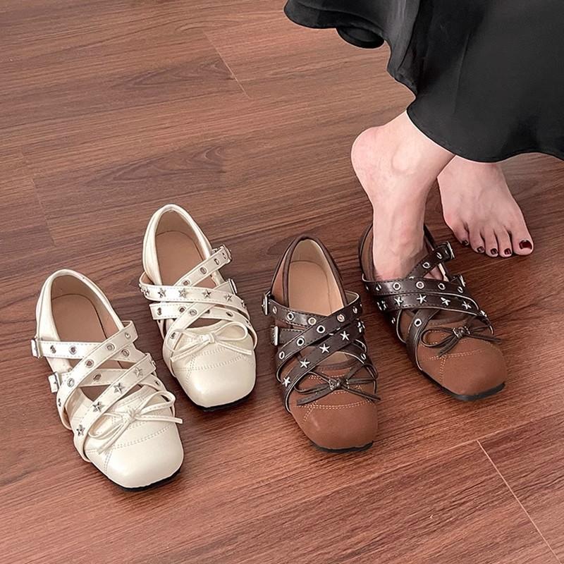 Retro bow shallow mouth single shoes 2025 summer new flat cross belt Mary Jane shoes women's rivet ballet shoes