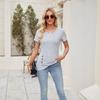 Women's New Solid Colour Round Neck Fashion Button Ruffle Short Sleeve Top