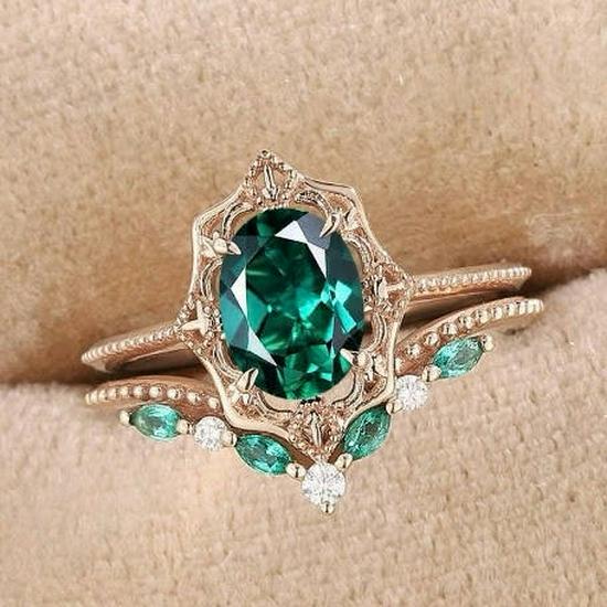 European & American Style Green Zirconia Gold-Plated Engagement Ring Set - 2-Piece Women's Jewelry Bestseller