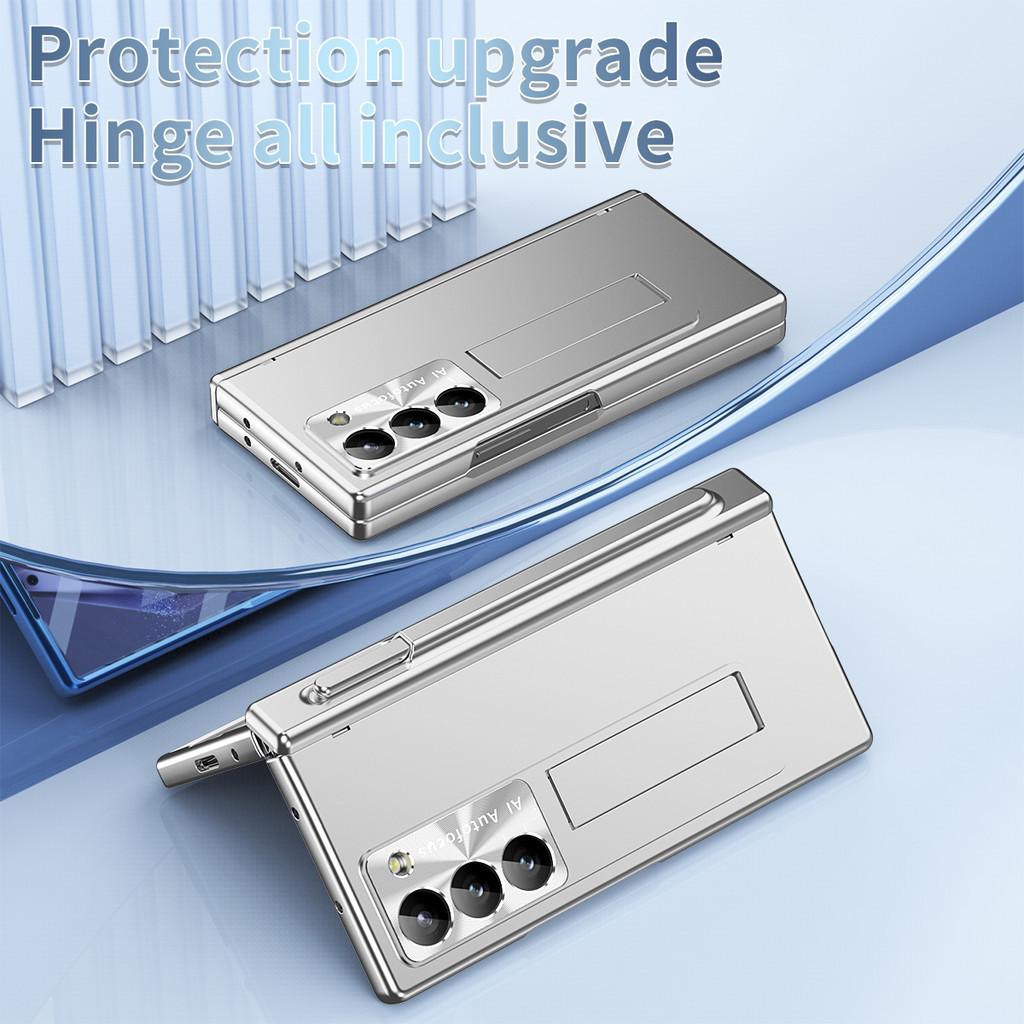 Galvanisiertes Klappgehäuse mit Stiftschlitz für Samsung Galaxy Z Fold 6 Fold5 Fold4 3 5G, gehärtete Folie, Hartschutz, Klapphülle, Halter, Ständer