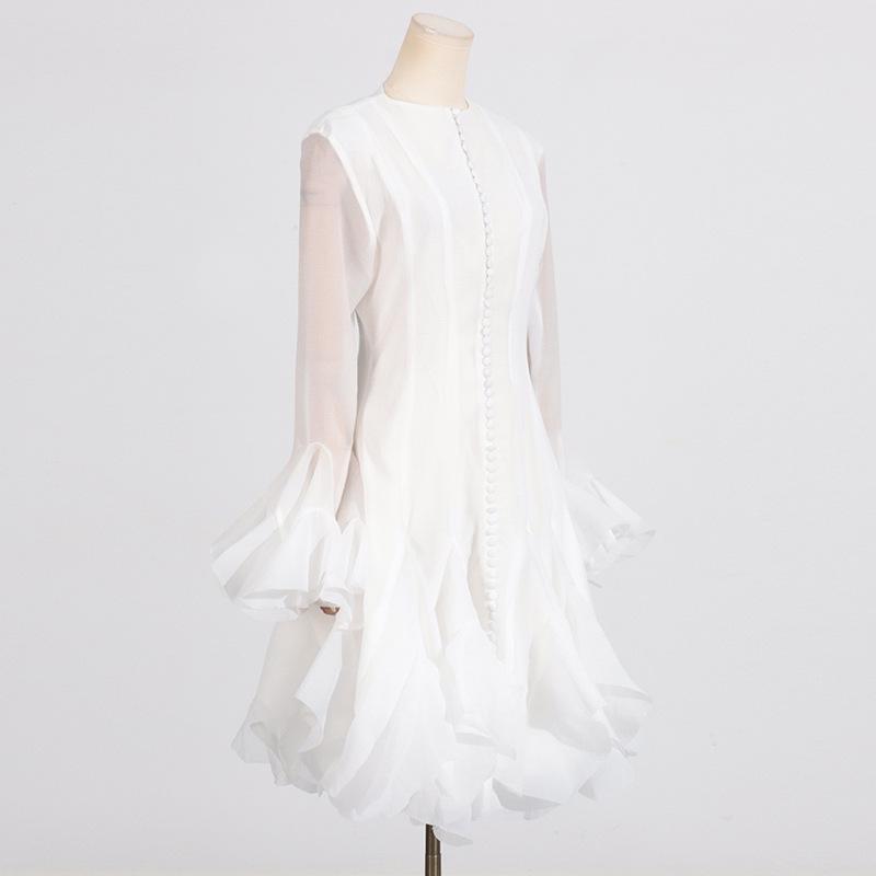 2025 Summer Women's Ruffle Design Waist-Slimming Flared Sleeve Dress