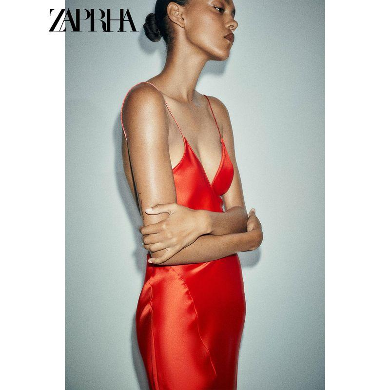 Zaprha 2025 Summer New V-neck Spaghetti Strap Backless Silk Satin Texture Long Sling Dress 3067213