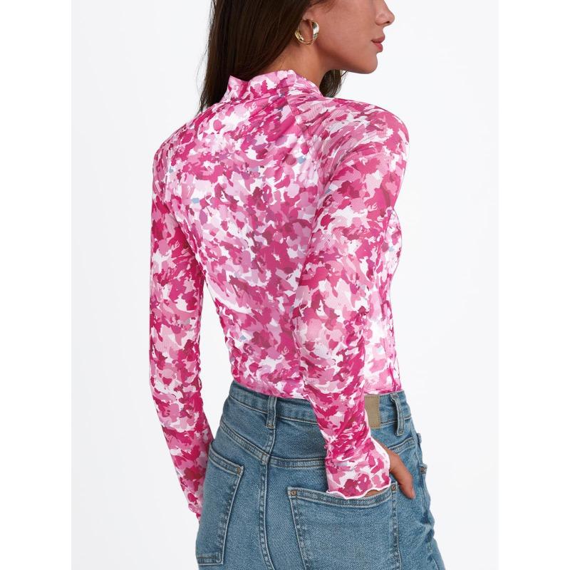 Women S Sexy Y2k Mesh Printed Long Sleeve T Shirt Half High Neck