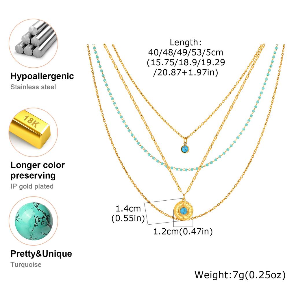 Round Natural Stone Pendant Necklaces,Stainless Steel Turquoise Four-layer Necklace for Women,Unique Jewelry Gift