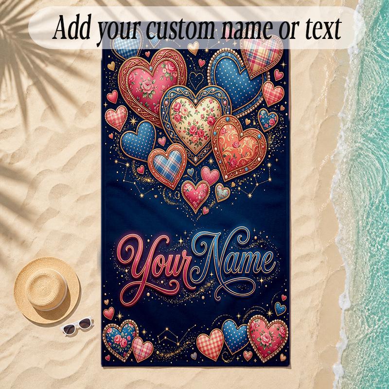 Hearts Theme Soft Beach Towel Personalized Custom Name Text Towel Portable for Beach Pool Travel