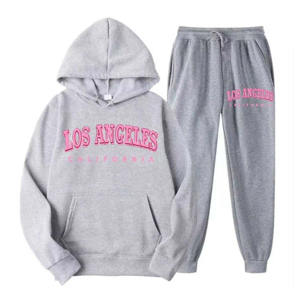 Two Piece Set Street Womens Hoodie & Pants Fleece Pocket Loose Pullover Los Angeles California Print Clothes