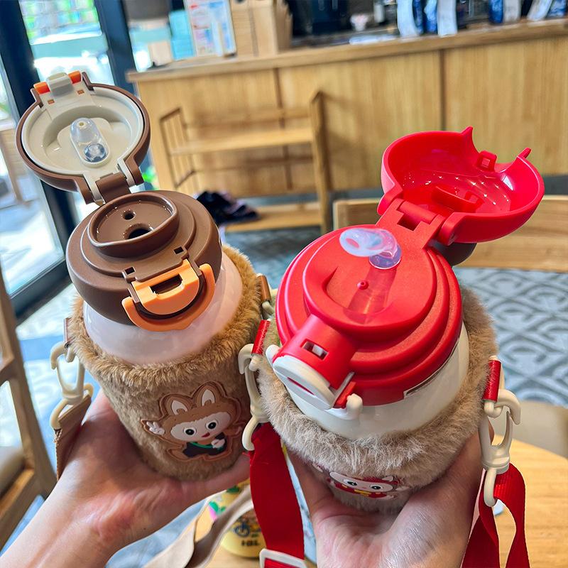 Tasse Thermos Double Boisson avec Paille Couvercle de Tasse à Boire Directement Mignonne Tasse à Paille Étudiant Tasse à Eau Portable