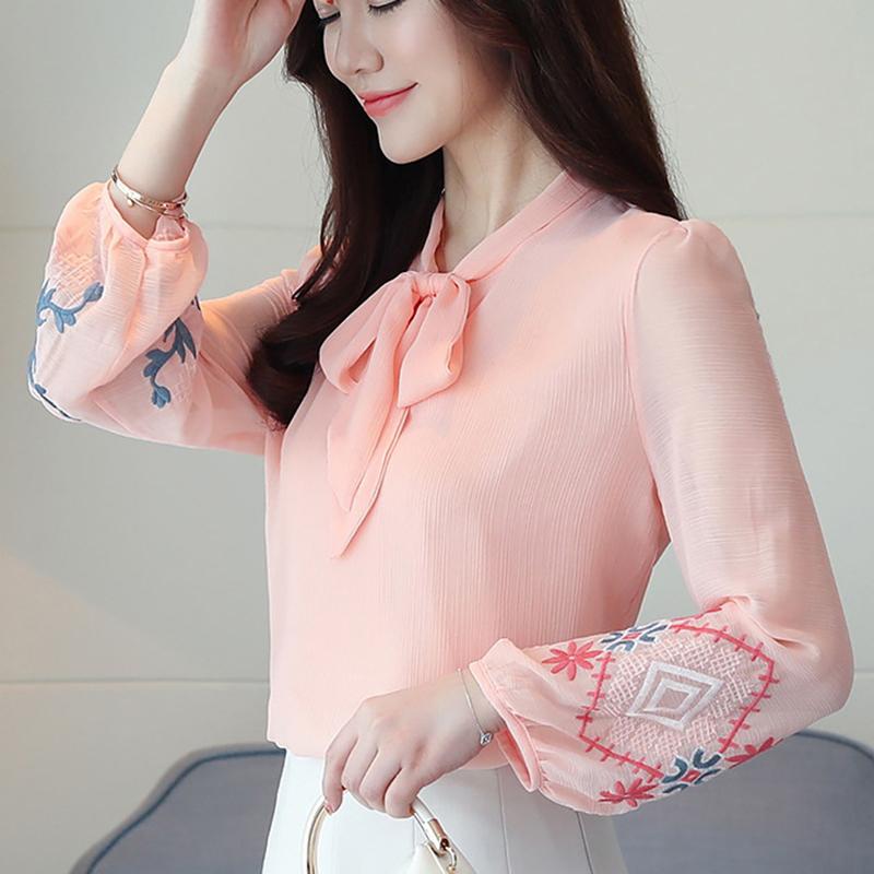 Fashion Long Sleeve Chiffon White Shirts Women Solid Embroidery Flowers Elegant Women's Blouses Vintage Lace-up Bow Collar Office Lady Tops 6056