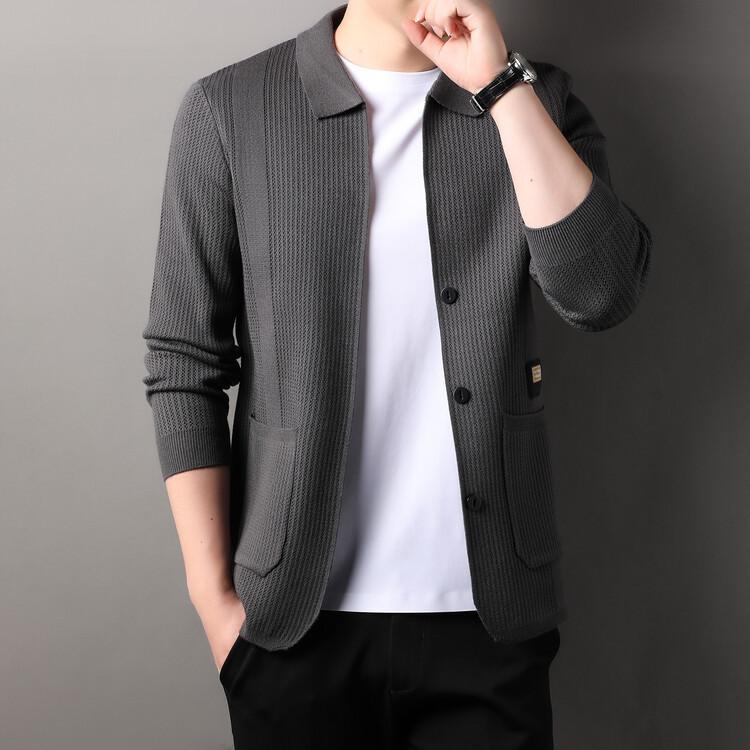 Men'S Mid-To-High-End Spring And Autumn Thin Jacquard Cardigan Real Pocket Sticker Casual Loose Simple Knitted Long Sleeves