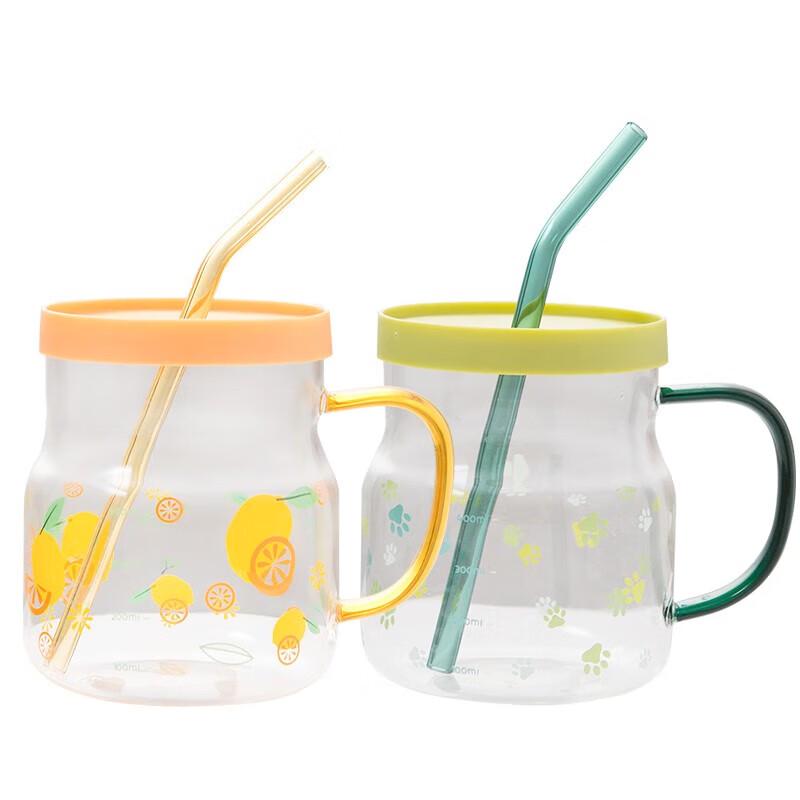 Green Apple Glass Straw Cup Couple Set