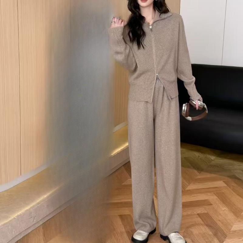 Women's Fashion Long-sleeved Double Zipper Sweater Cardigan Trousers Sports Two-piece Casual Cardigan Suit Women