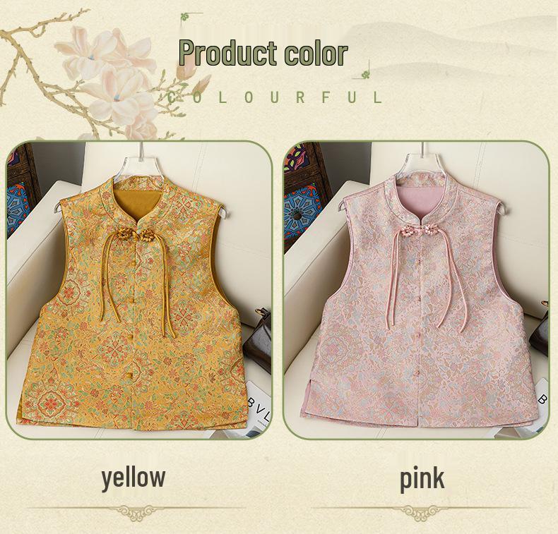2026 Chinese Brocade Sleeveless Vest: Retro Frog Button Jacquard Top for Middle-Aged and Elderly Women