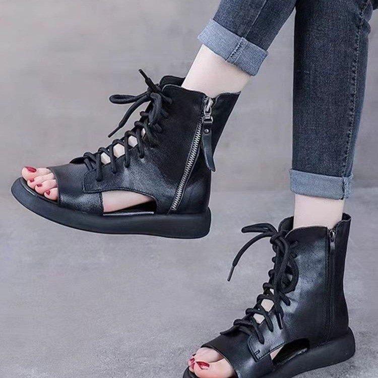 Roman Sandals High-top Fish Mouth Sandals Women's Flat-bottomed Breathable Retro Martin Boots 2025 Summer New Hollow Straps