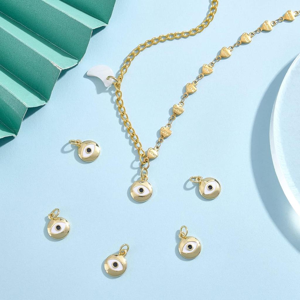 BENECREAT 10Pcs 18K Gold Plated Evil Eye Enamel Charms Flat Round Pendants with Jump Rings for DIY Necklace Bracelet Jewelry Making