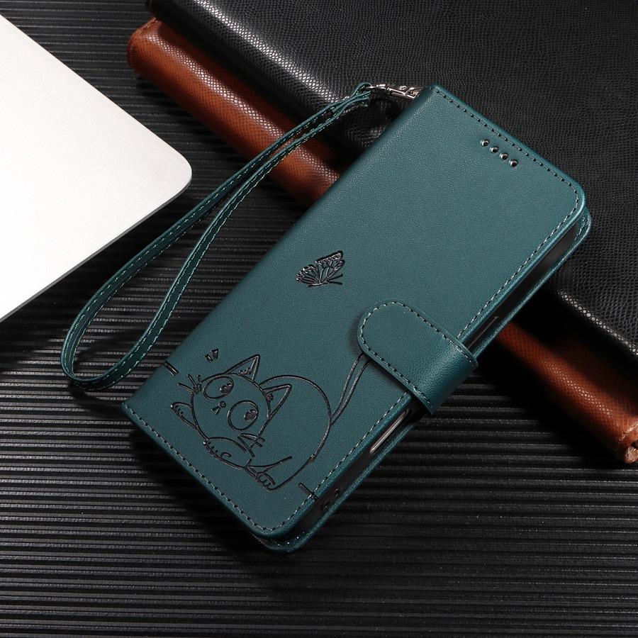 IPhone/Samsung/Xiaomi Redmi 3 için Bileklikli Sevimli Kabartmalı Kedi ve Kelebek Cüzdan Kılıf Kart Yuvaları ve Nakit Cebi Destek Ayaklı Telefon Kılıfı