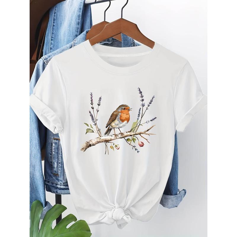 Plus Size, The Little Bird on the Branch Graphic Print Plus Size Women s T-shirt, Short Sleeve Crew Neck Casual Top for Summer & Spring S белый
