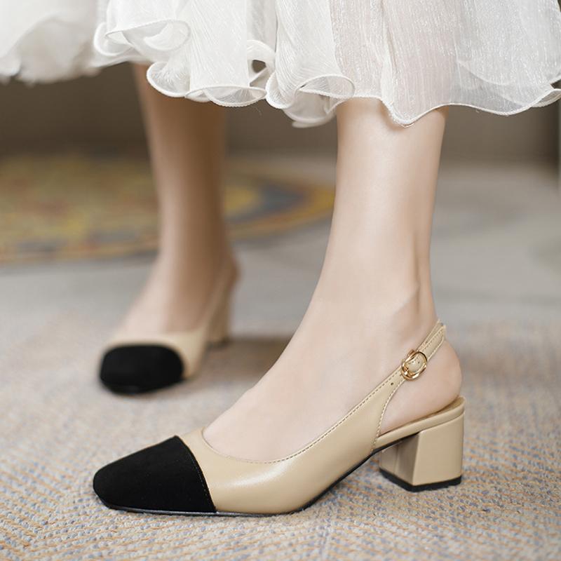 Fashion Luxury Apricot/Black Mixed Color Sandals Woman Slingback Ankle Strap Shoes Ladies Med-High Heels Sandalias Office Dress Tacones