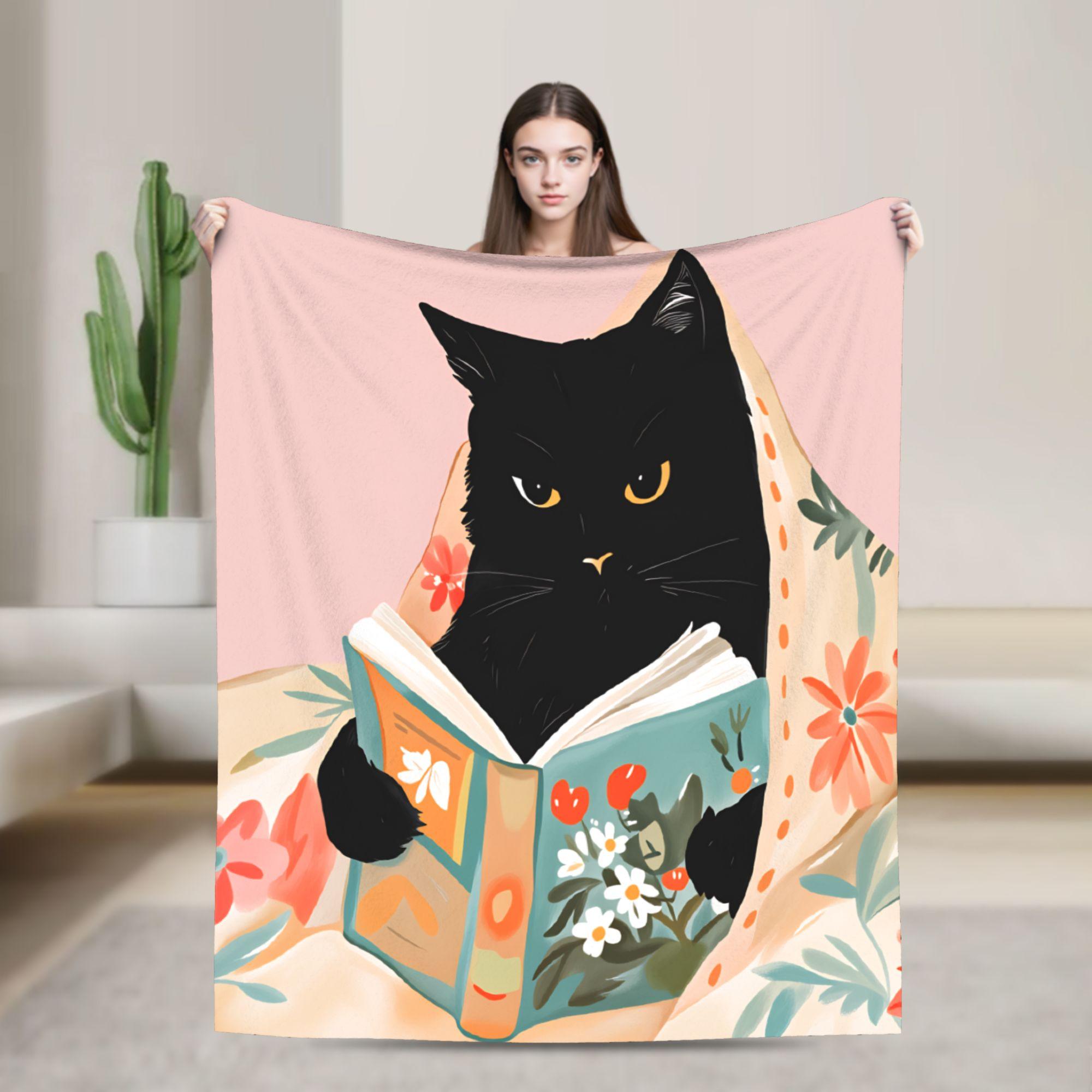 

Whimsical Reading Cat Flannel Blanket Autumn Soft Durable Throw Blanket for Boy Girl Couch Bed Fashion Bedspread Sofa Bed Cover 130x150cm